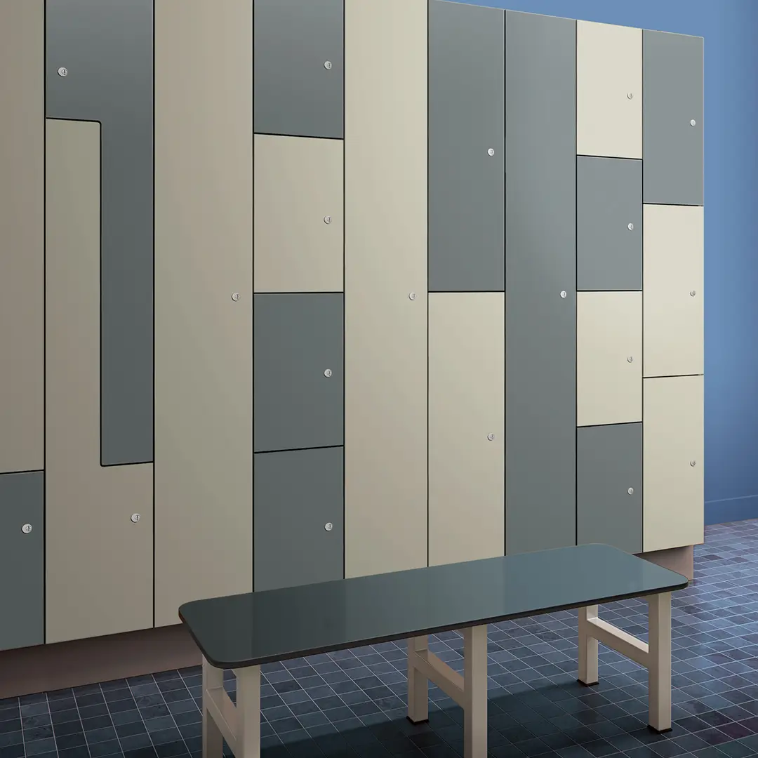Locker room locker with bench